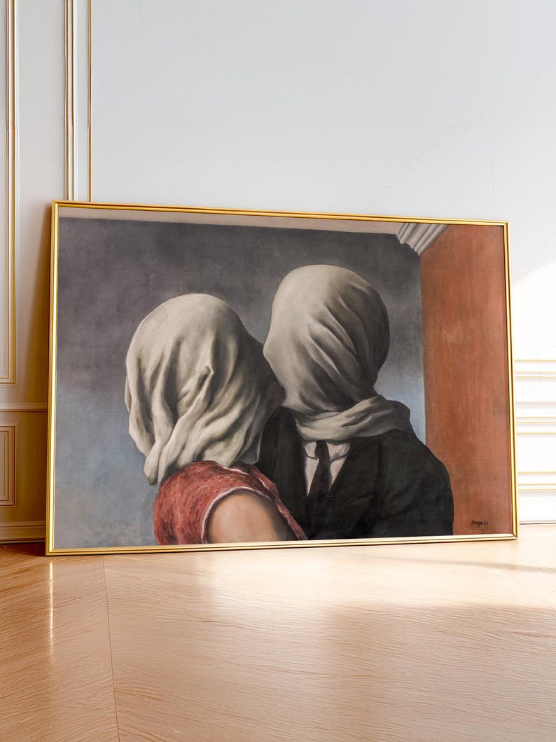 May include: A framed rectangular painting depicting two figures with their heads and faces completely covered by white fabric. One figure wears a dark suit and tie, while the other wears a red garment. The background features a grey wall and a red pillar.