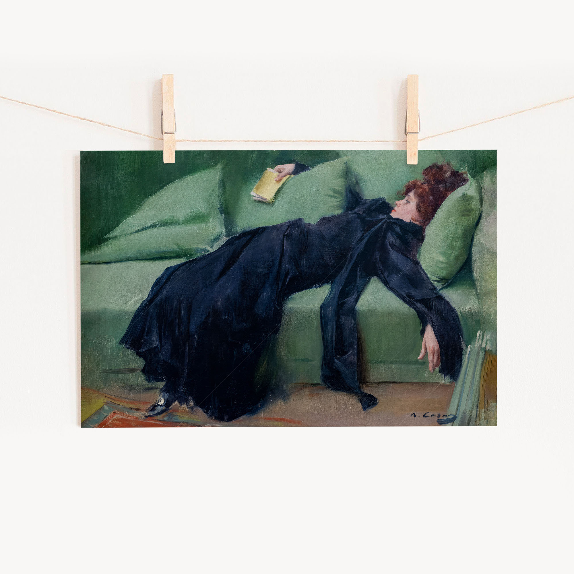 Decadent young woman after the dance Gift for friend Emerald green art Moody vintage portrait Ramon Casas Above sofa art High Quality print