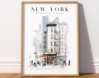 Greenwich Village Print: NYC Sketch Art, Coffee Shop Illustration