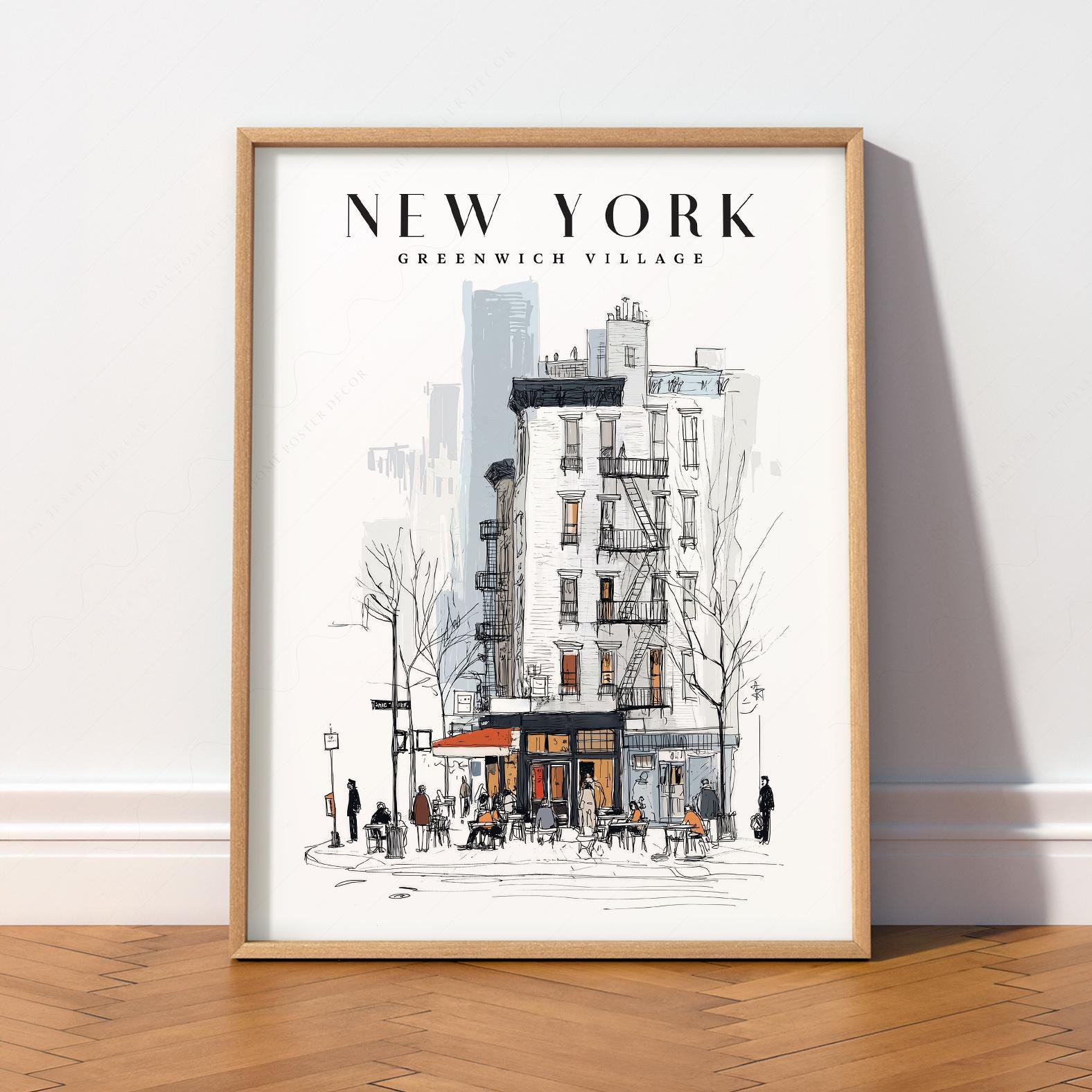 Greenwich Village Print: NYC Sketch Art, Coffee Shop Illustration