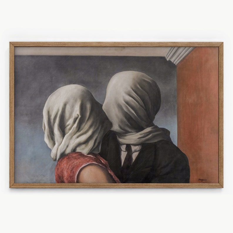The Lovers by Magritte. Surrealist painting depicting two figures with their heads enveloped in white cloth, symbolizing mystery and obscured identity. male figure, dressed in a dark suit, stands closely beside a woman in a flowing red dress, her blonde hair cascading delicately over her shoulder. muted background features soft blues and grays, enhancing dreamlike atmosphere. Framed and displayed on a living room wall, this striking artwork by Magritte invites contemplation and intrigue.