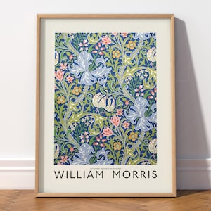 Affiche florale vintage William Morris lys doré art mural 19e siècle bleu indigo feuilles roses et vertes cadeau pour un ami salon