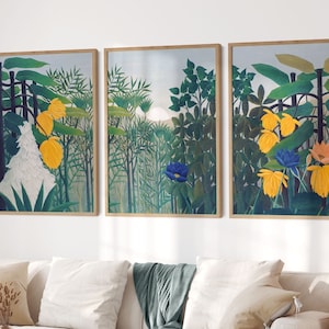 Henri Rousseau, 3 Piece Wall Art, Tropical Forest, Above Sofa Art, Equatorial Jungle, Wild Nature, Dark Green Set, The repast of the Lion