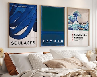 Hokusai Wave, Rothko, Soulages Art Prints: Modern Gallery Wall Set of 3 Prints
