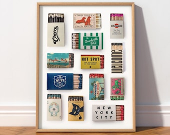 Vintage Matchbox Collection Grid Art Print, Retro Hotel Matchbook Poster, Eclectic Bar Cart Wall Decor 45