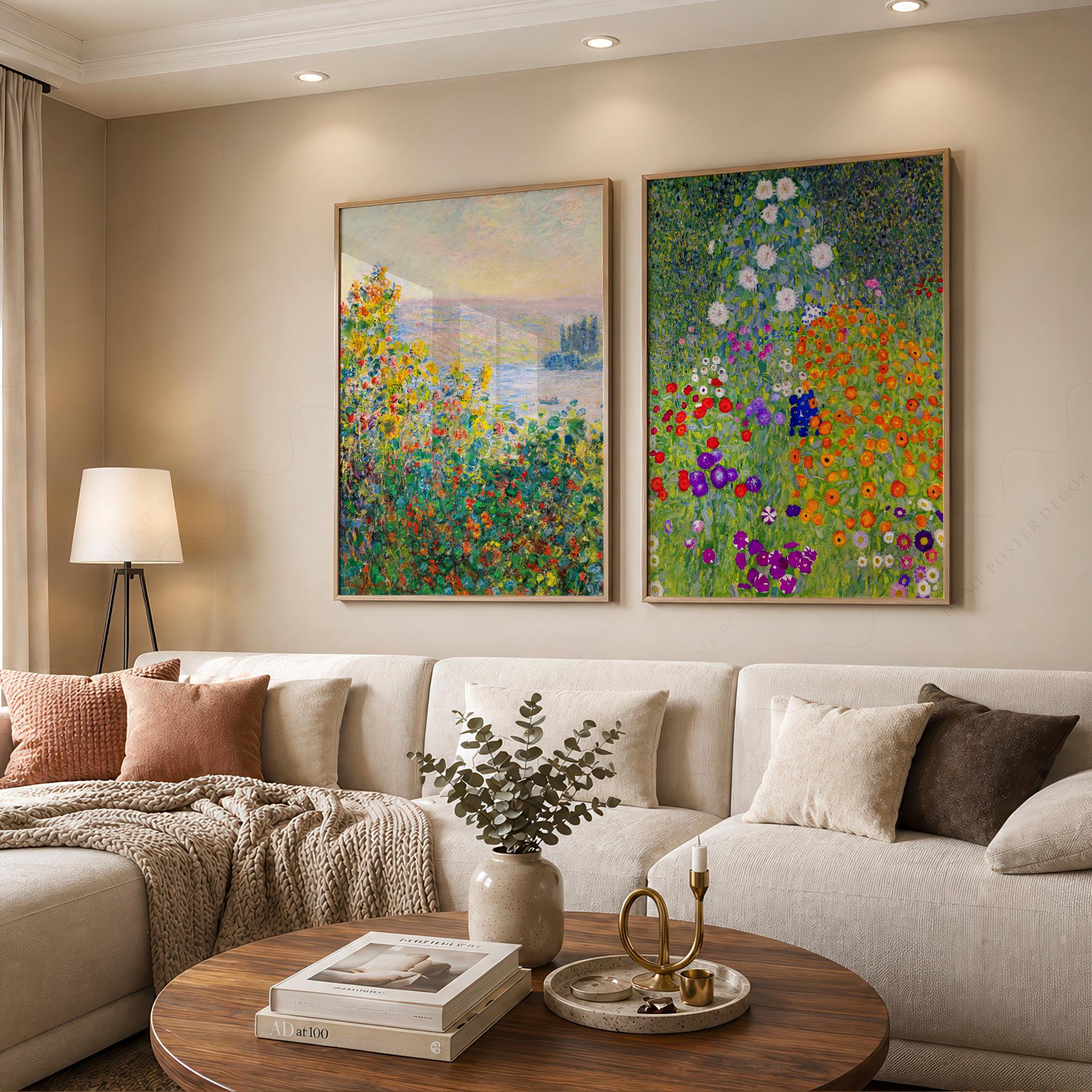 Monet and Gustav Klimt Wall Art Set of 2, Floral Prints, Colorful