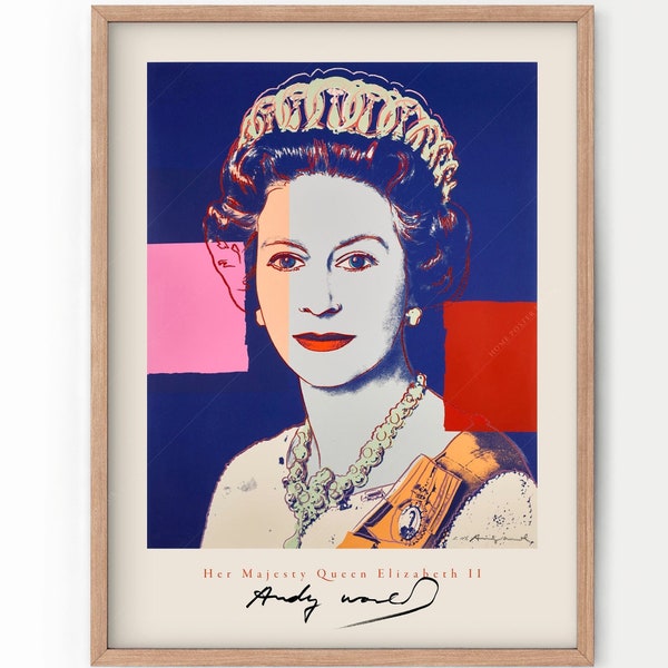 Queen Elizabeth II, Andy Warhol Poster, Pop Art, Famous Portrait, British Royal Family, Modern Print, Museum Print, Dark Blue, Red Pink Art