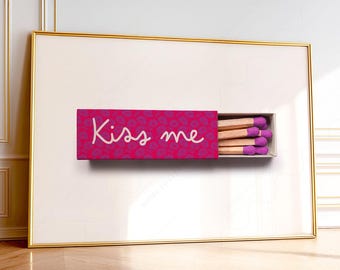 Kiss Me Print, Retro Matchbox Print, Girly Pink Wall Art, Coquette Room Decor, Cute Romantic Poster, Feminine Aesthetic