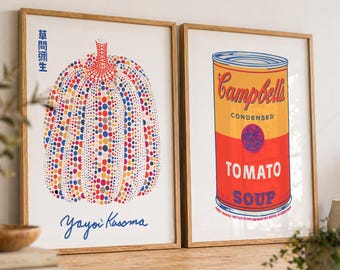 Yayoi Kusama Pumpkin, Andy Warhol Tomato Soup Print Set of 2, Pop Art, Retro Kitchen Decor 2