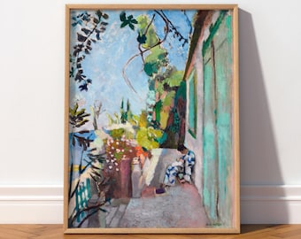 May include: An impressionist-style painting in a light wooden frame depicting a sunlit Mediterranean terrace with a person sitting near a turquoise door. The scene features vibrant green foliage, blue sky, and colorful flowers in a loose brushstroke style.