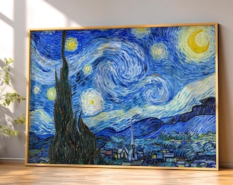Vincent van Gogh Starry Night Poster, Famous Painting, Impressionist Wall Art Blue Night Sky Artwork 50