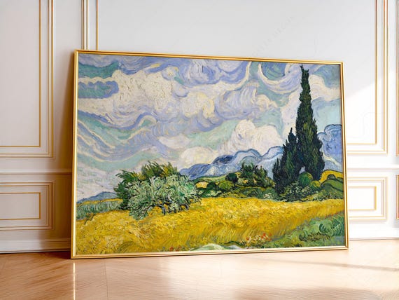 Vincent Van Gogh, Wheat Fields with Cypresses, Nature Landscape, Blue Cloud Art, Oil Country Painting, Gift for him, Mountain painting
