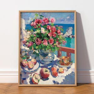 Coastal Floral Still Life Print, Vintage Mediterranean Wall Art, Impressionist Flower Painting, Konstantin Korovin