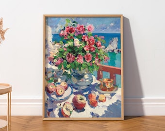 Coastal Floral Still Life Print, Vintage Mediterranean Wall Art, Impressionist Flower Painting, Konstantin Korovin