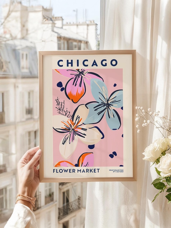 Chicago Flower Market Poster Pink Floral Wall Art Modern Botanical Print City Travel Decor Bedroom Aesthetic Wall Art