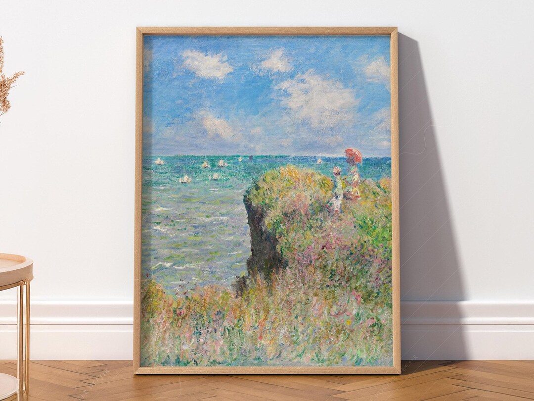 Monet 'The Cliff Walk' Framed Canvas Print – Green Tones, Ready To Hang