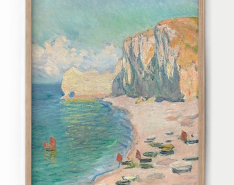 Claude Monet, The Beach and Falaise dAmont, Beach Landscape, Ocean View, Impressionism style, Famous artwork, Boat Wall Art, Wedding gift