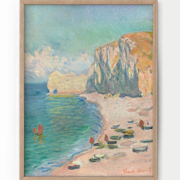 Claude Monet, The Beach and Falaise dAmont, Beach Landscape, Ocean View, Impressionism style, Famous artwork, Boat Wall Art, Wedding gift