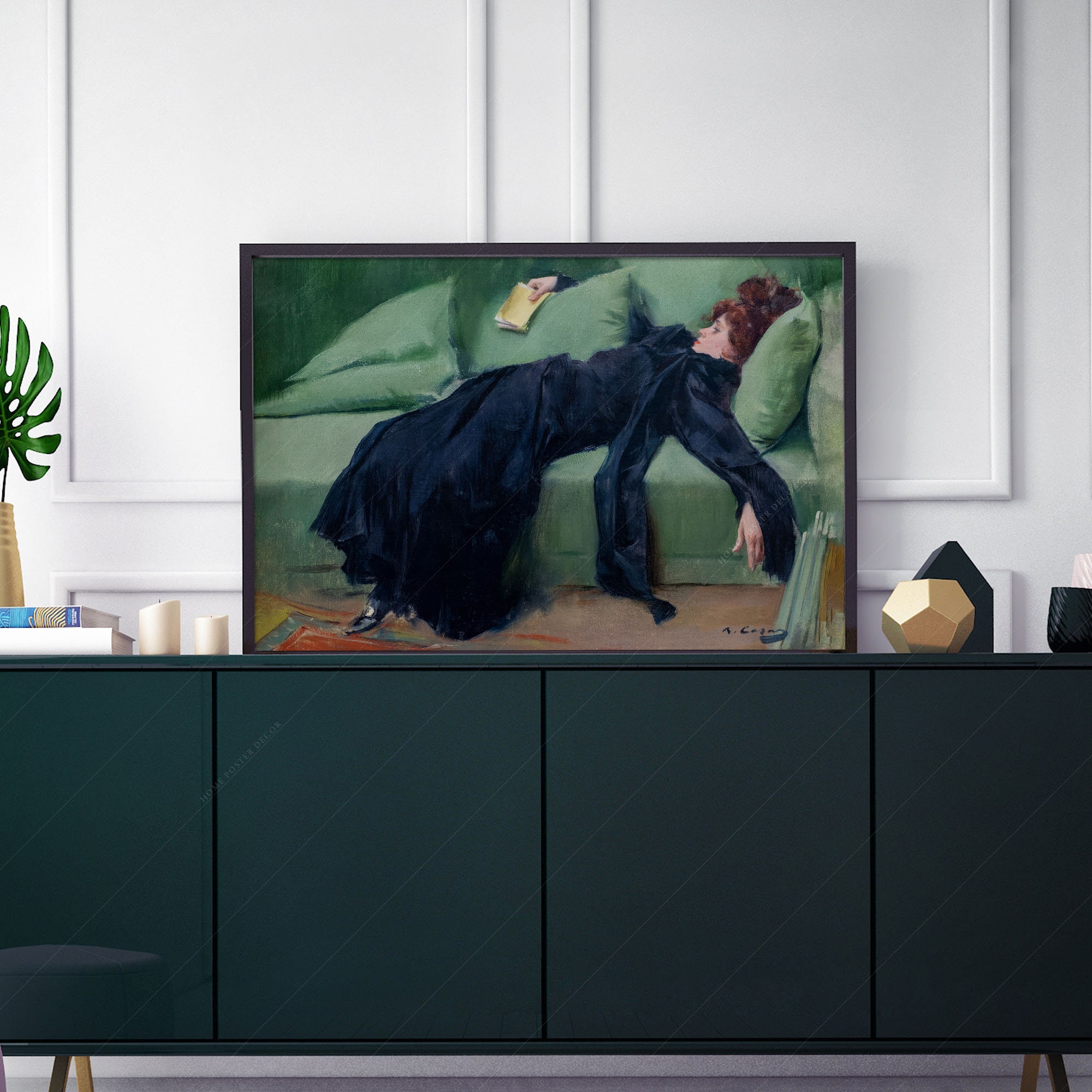 Decadent young woman after the dance Gift for friend Emerald green art Moody vintage portrait Ramon Casas Above sofa art High Quality print