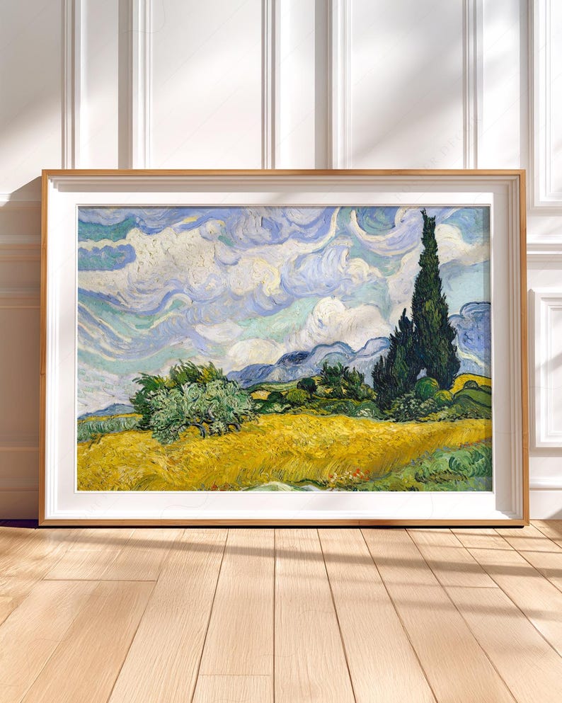 Vincent Van Gogh, Wheat Fields with Cypresses, Nature Landscape, Blue Cloud Art, Oil Country Painting 34 immagine 3