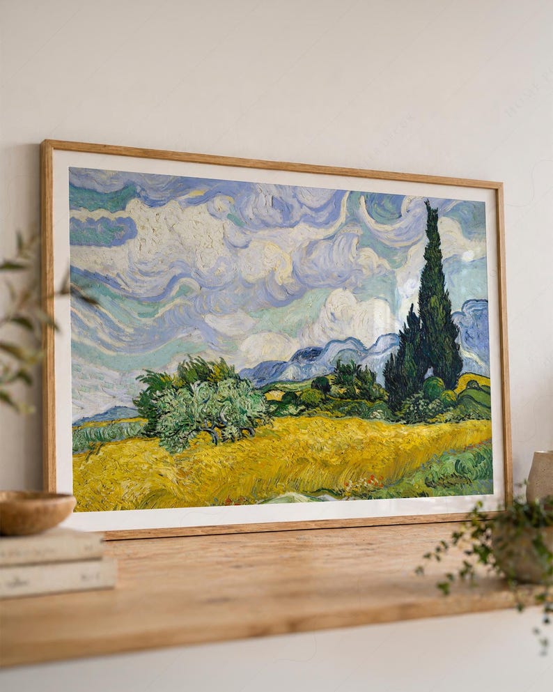Vincent Van Gogh, Wheat Fields with Cypresses, Nature Landscape, Blue Cloud Art, Oil Country Painting 34 immagine 12