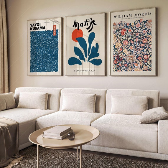 William Morris Henri Matisse Yayoi Kusama Set of 3 Prints Famous artists Gallery Wall Teal blue wall art Unique home decor 23