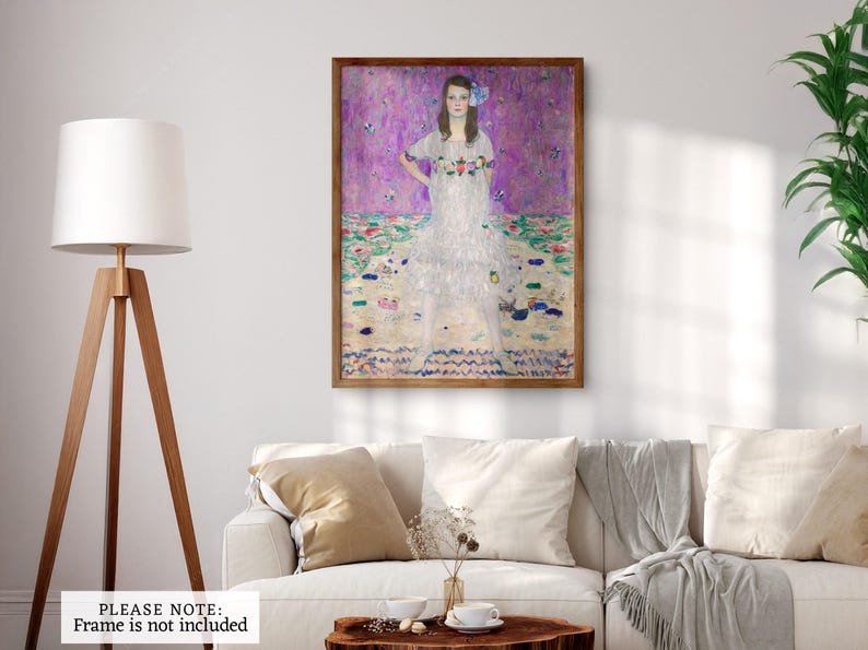 May include: A painting of a woman in a white dress with a floral pattern. She is standing in a field of flowers with a purple background. The painting is framed in a wooden frame.