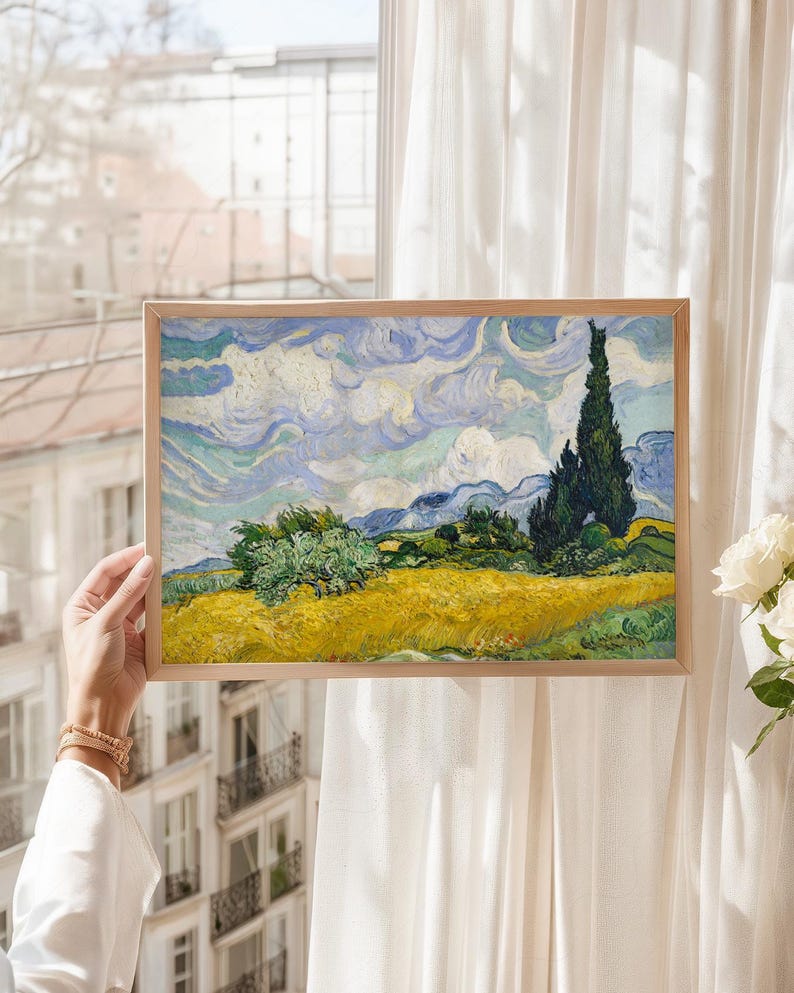 Vincent Van Gogh, Wheat Fields with Cypresses, Nature Landscape, Blue Cloud Art, Oil Country Painting 34 immagine 7