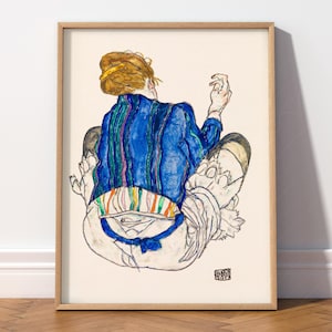 Sitzende Frau, Rückansicht (1917) von Egon Schiele, expressionistischer Maler, Figurative Malerei, Hochzeitsgeschenk, Kunstliebhaber