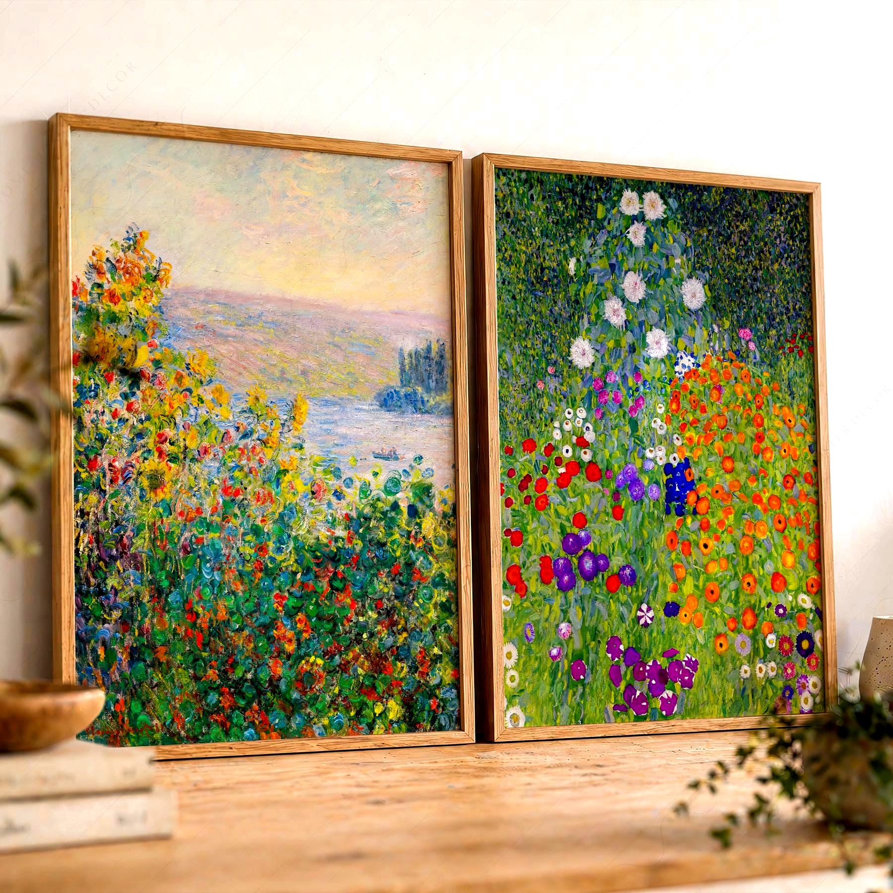 Monet and Gustav Klimt Wall Art Set of 2, Floral Prints, Colorful