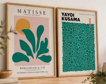 Henri Matisse and Yayoi Kusama Set of 2, Green Abstract Wall Art, Leaf Painting - Polka Dot, Modern Gallery Wall Decor 23