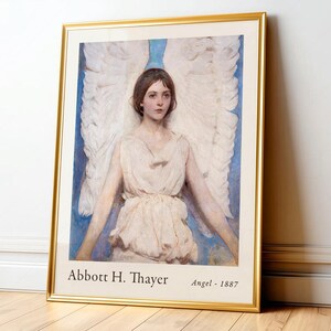 Soft-focus impressionism depicting an ethereal angel by Abbot Handerson Thayer, featuring a serene figure adorned in a flowing white robe, radiating tranquility. The angel's delicate skin tones blend harmoniously with a backdrop of soft blues and muted earth tones, creating a dreamlike ambiance. Subtle textures evoke a sense of movement in the fabric, while the expansive wings, painted with gentle strokes, enhance the aura of grace. Framed and displayed on a living room wall