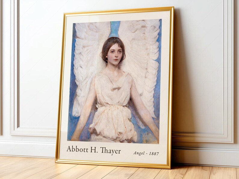 Soft-focus impressionism depicting an ethereal angel by Abbot Handerson Thayer, featuring a serene figure adorned in a flowing white robe, radiating tranquility. The angel's delicate skin tones blend harmoniously with a backdrop of soft blues and muted earth tones, creating a dreamlike ambiance. Subtle textures evoke a sense of movement in the fabric, while the expansive wings, painted with gentle strokes, enhance the aura of grace. Framed and displayed on a living room wall