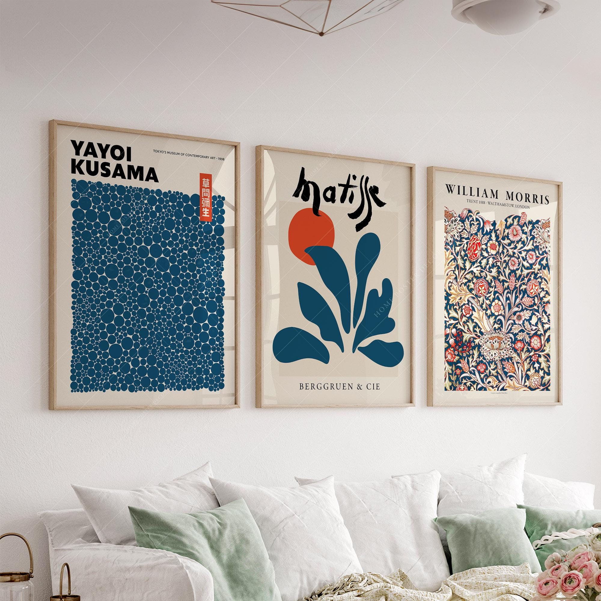 William Morris Henri Matisse Yayoi Kusama Set of 3 Prints Famous artists Gallery Wall Teal blue wall art Unique home decor 23