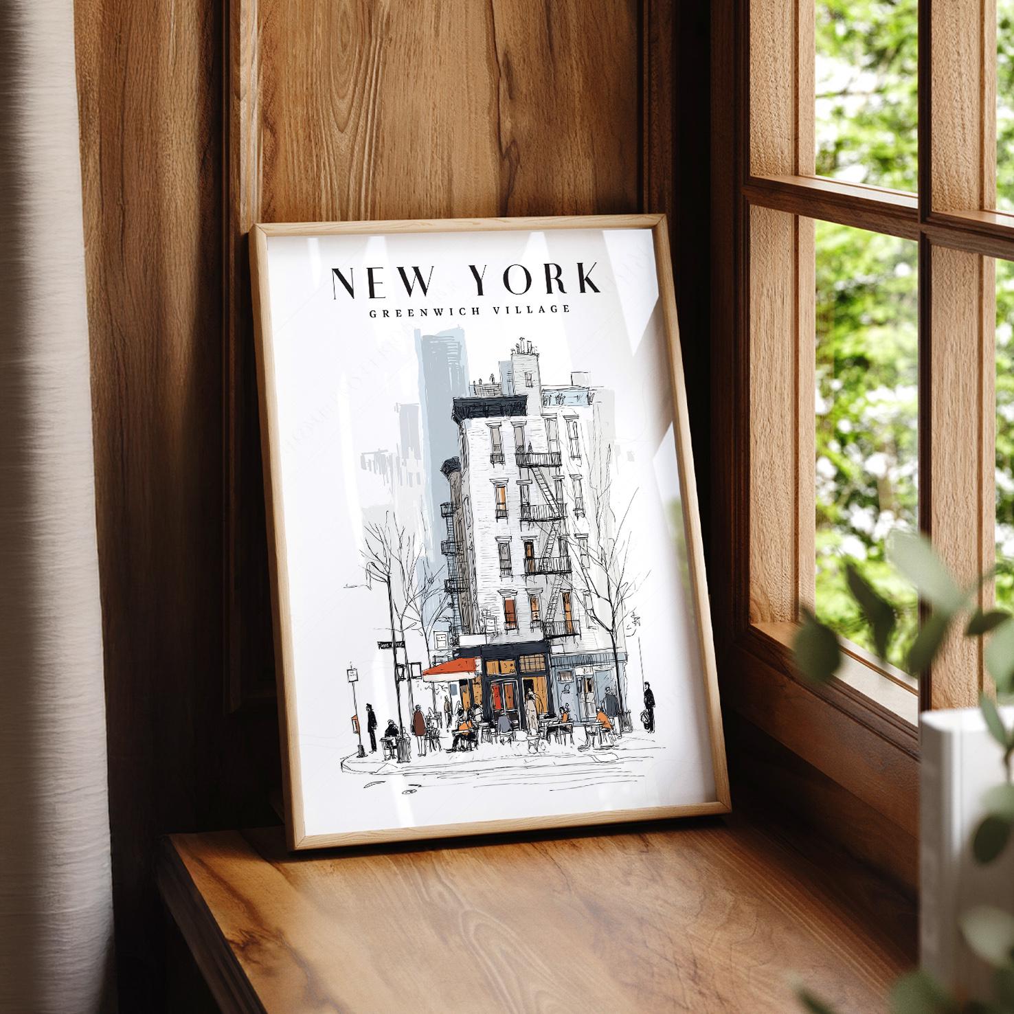 Greenwich Village Print: NYC Sketch Art, Coffee Shop Illustration