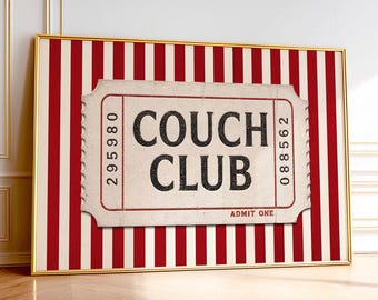 Couch Club Ticket Print, Retro Living Room Decor, Above Couch Art, Vintage Red Striped 14