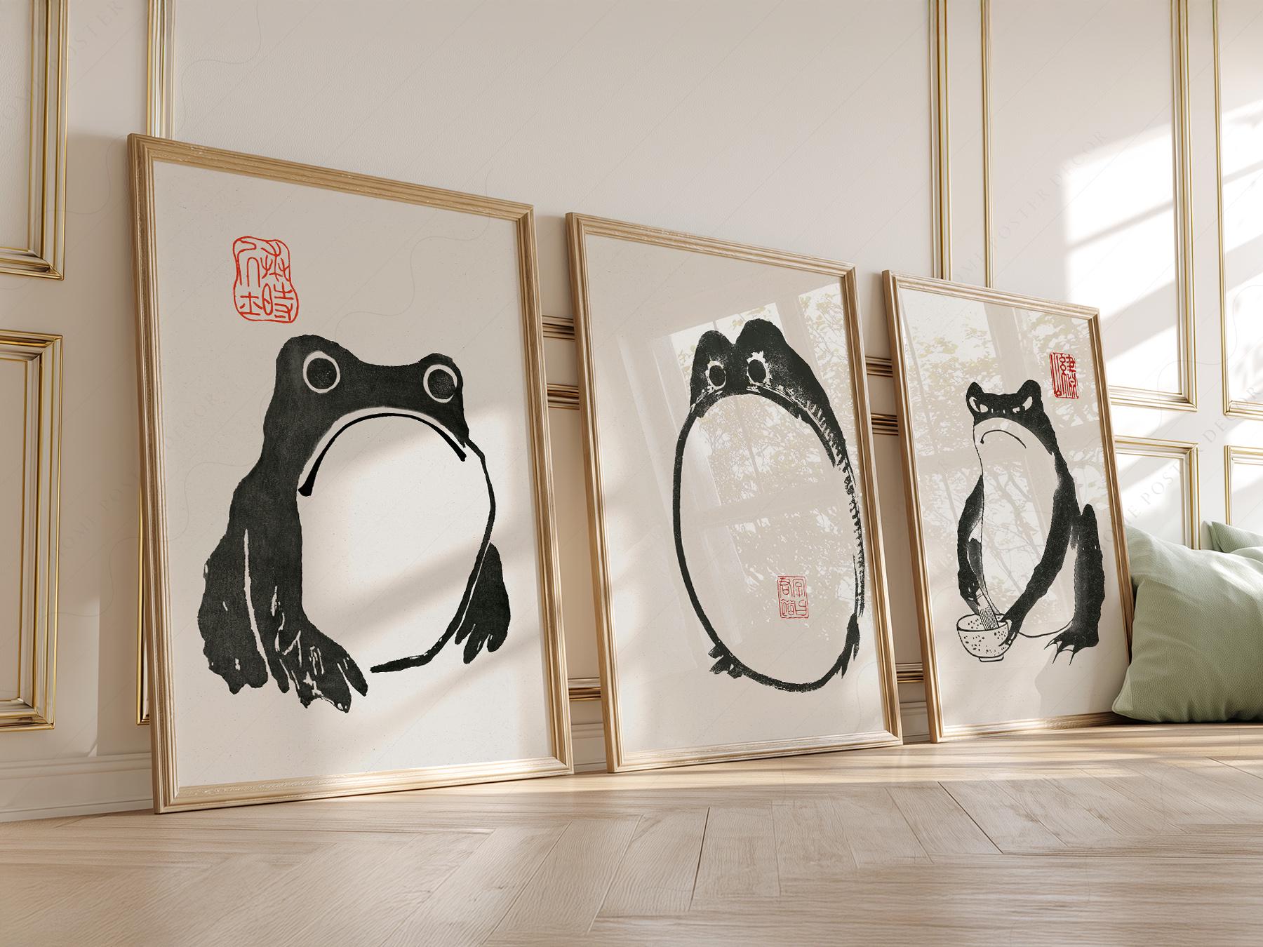 Matsumoto Hoji Frog Art Print Set, Japanese Woodblock Style, Zen