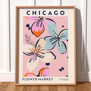 Mercado de flores de Chicago, póster de Chicago, mapa de la ciudad, regalo de viaje, arte de Illinois, idea de regalo, decoración de inauguración de la casa, arte floral rosa, decoración bohemia