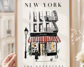 New York The Bookstore Illustration Art Print, Exclusive Collection