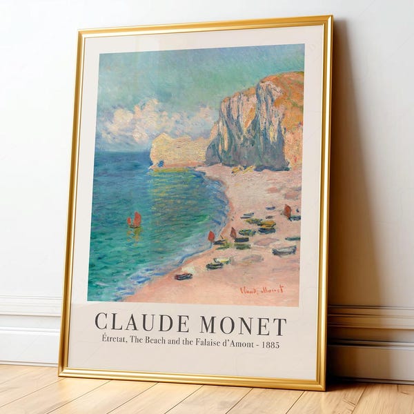 Cartel de la exposición de Monet: La playa y Falaise d'Amont, costa francesa. Arte 35