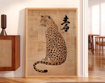 Japanese Leopard Wildlife Art Print, Vintage Asian Animal Decor