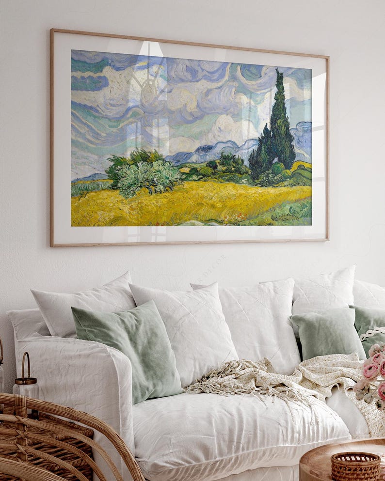 Vincent Van Gogh, Wheat Fields with Cypresses, Nature Landscape, Blue Cloud Art, Oil Country Painting 34 immagine 5