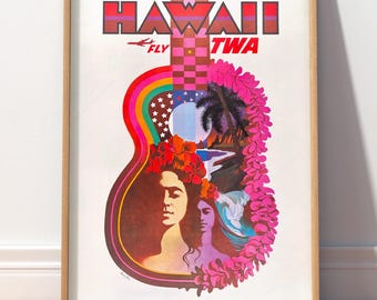 David  TWAハワイアン販ビンテージ オリジナルポスター Hawaii TWA Vintage Travel Poster, Retro Hawaiian Wall Art