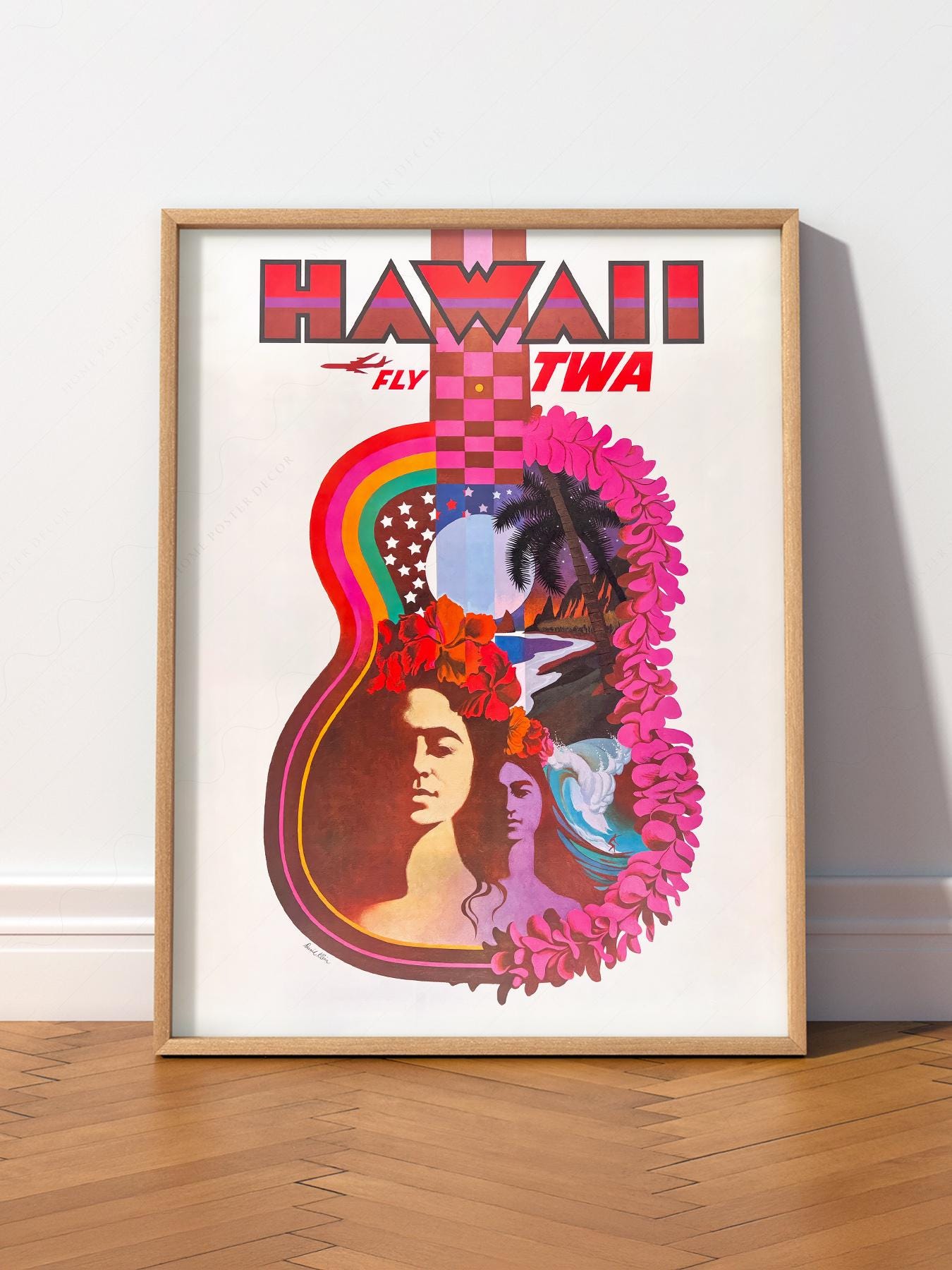 David  TWAハワイアン販ビンテージ オリジナルポスター Hawaii TWA Vintage Travel Poster, Retro Hawaiian Wall Art