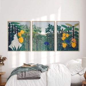 Henri Rousseau, Arte de pared de 3 piezas, Bosque tropical, Arte sobre sofá, Jungla ecuatorial, Naturaleza salvaje, Conjunto verde oscuro, La comida del león