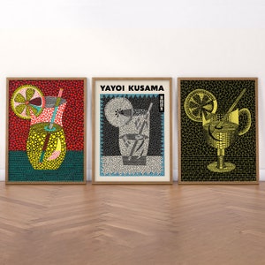 Yayoi Kusama-galerijmuur, zomercocktail, kleurrijke kunstprint, set van 3-delig, barwagendecor, moderne muurkunst, stippennetten, martinikunst