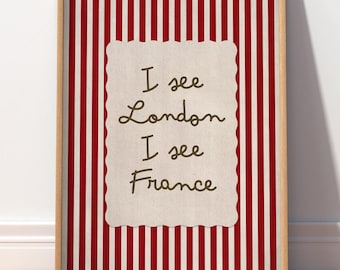 Veo Londres, veo Francia, divertido cuadro para el baño, estampado de rayas rojas, decoración coqueta, lámina con cita bonita