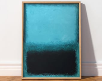 May include: A rectangular wall art piece featuring an abstract painting with a large block of solid black at the bottom, transitioning into a textured, vibrant turquoise blue upper section, all enclosed within a light-toned wooden frame.