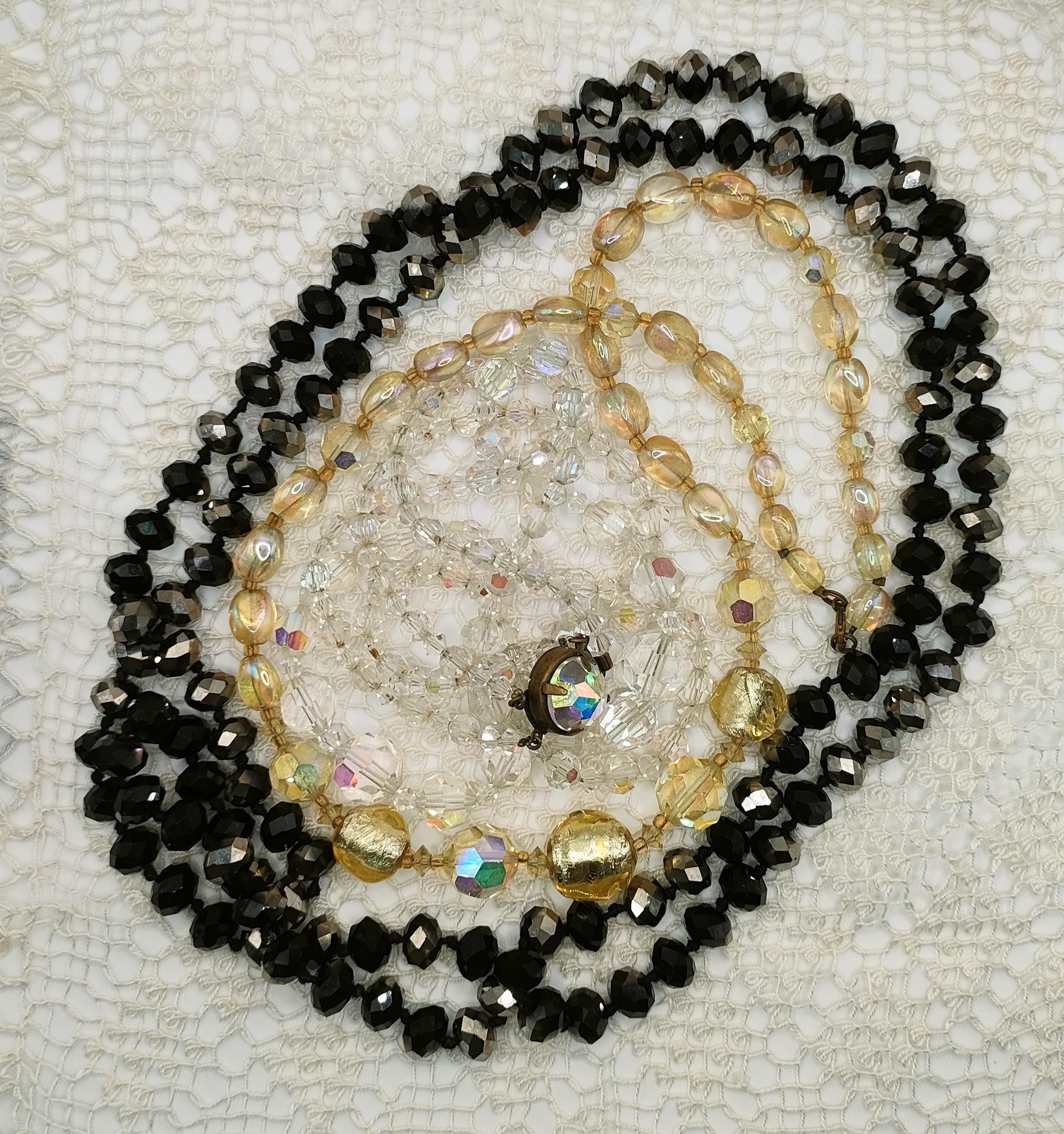 Collier Vintage 2 Rangs Perles Cristal Et Citrine Facettées - Longueur 62 Cm, Occasion Superbe