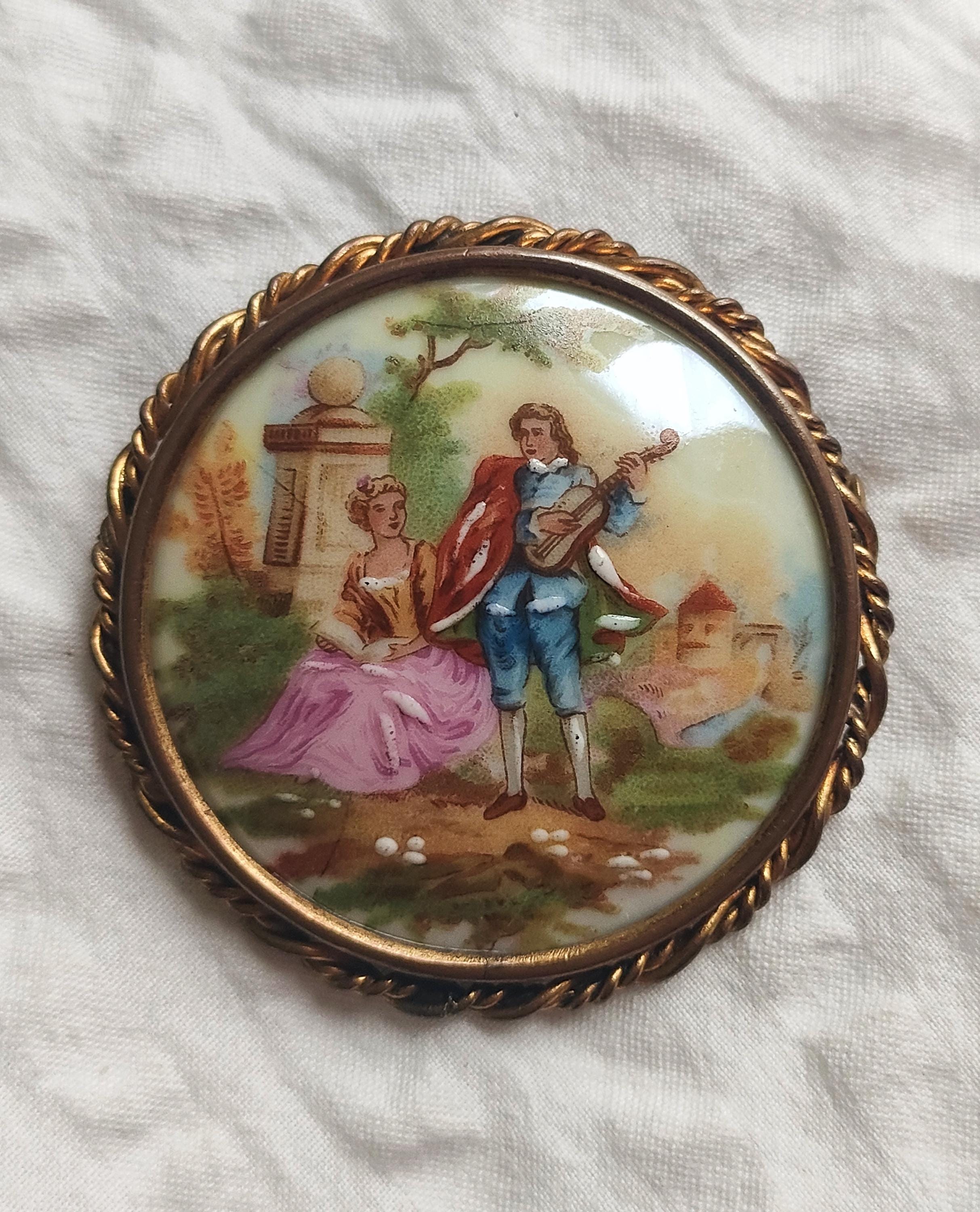Broche Ancienne Art Déco Limoges France Vers 1930 – Porcelaine, Alliage, Occasion